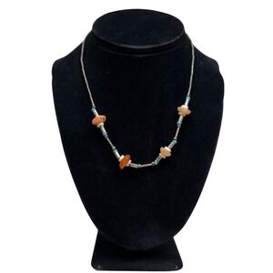 Glass Beaded Necklace Turquoise Carnelian Gemstone Twist Clasp Boho Jewelry 8 in